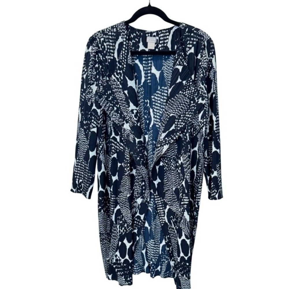 Chico's Travelers Navy & White Textured Crinkle Trench Jacket Topper Size 2 / 12